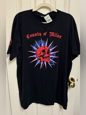 Marcelo Burlon County of Milan Black Tee with Red Skull and Blue/Pink Accents